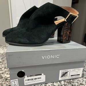 Vionic Perk Lacey Black Suede Open Heel Bootie with Tortoise Heel 10M